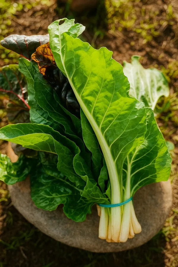 Manojo de acelga fresca cosechada en huerta orgánica.