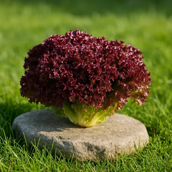 Lechuga crespa morada fresca sobre piedra en césped natural.