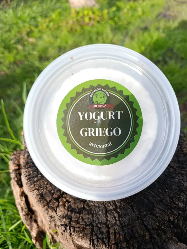 Envase redondo de yogurt griego artesanal Mi Finca sobre tronco natural al aire libre.