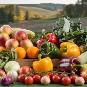 Frutas y verduras frescas cosechadas de manera sostenible, representando la frescura y calidad de los mercados agroecologicos