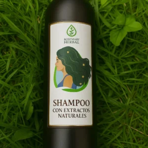 Botella de shampoo Rosemary Herbal con extractos naturales sobre césped verde.
