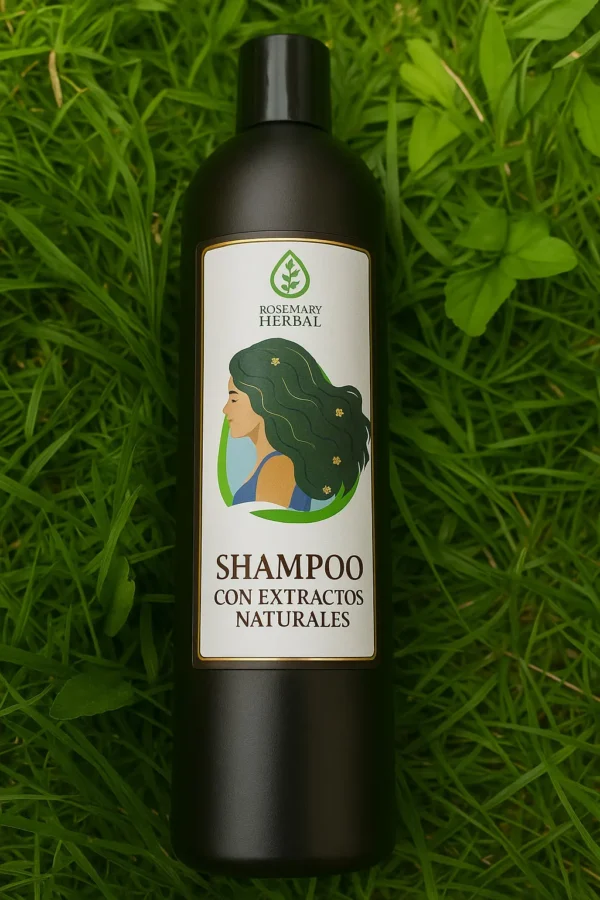 Botella de shampoo Rosemary Herbal con extractos naturales sobre césped verde.