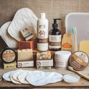 Kit de higiene y cuidado personal con productos biodegradables, libres de químicos y amigables con el ambiente.