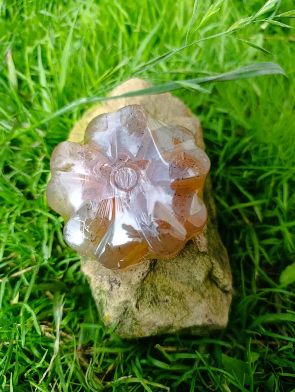 Jabón artesanal de manzanilla en forma de flor sobre piedra y césped natural.