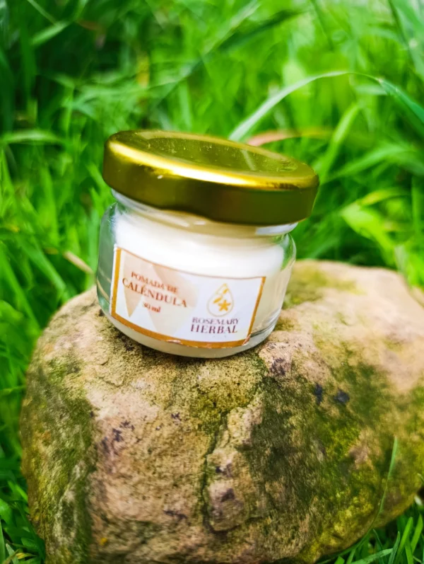 Frasco pequeño de pomada de caléndula sobre piedra, rodeado de pasto verde, marca Rosemary Herbal.